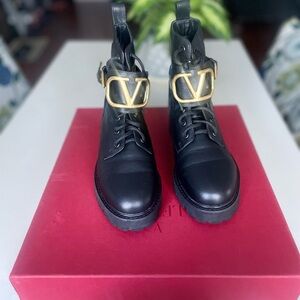Valentino Black and Gold Combat Boots with V Embellishment
